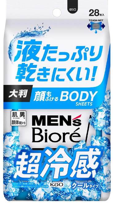 MEN's Biore 男性臉部身體兩用濕巾 酷涼款 28片, 262ml, 1包