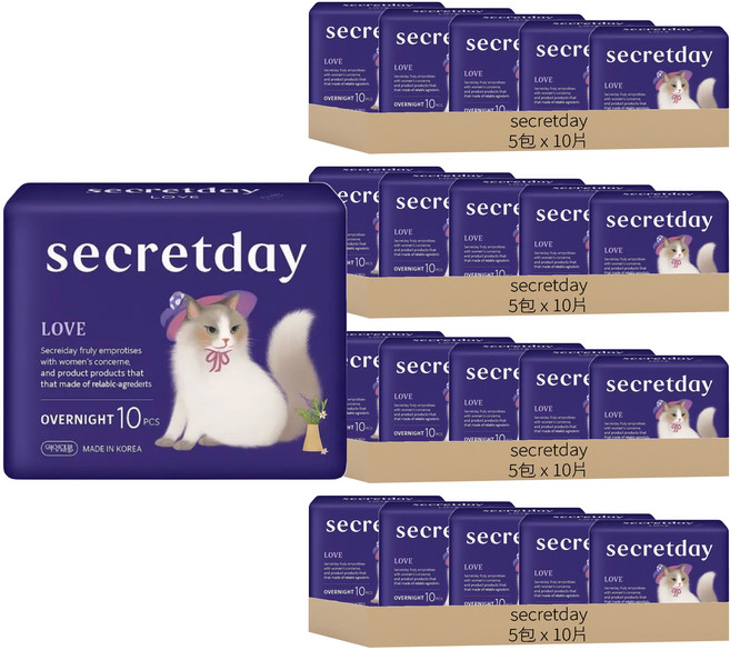 secretday 韓國原裝進口 Love系列 蝶翼衛生棉, 夜用型(36cm), 10片, 20包