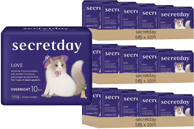secretday 韓國原裝進口 Love系列 蝶翼衛生棉, 夜用型(36cm), 10片, 15包