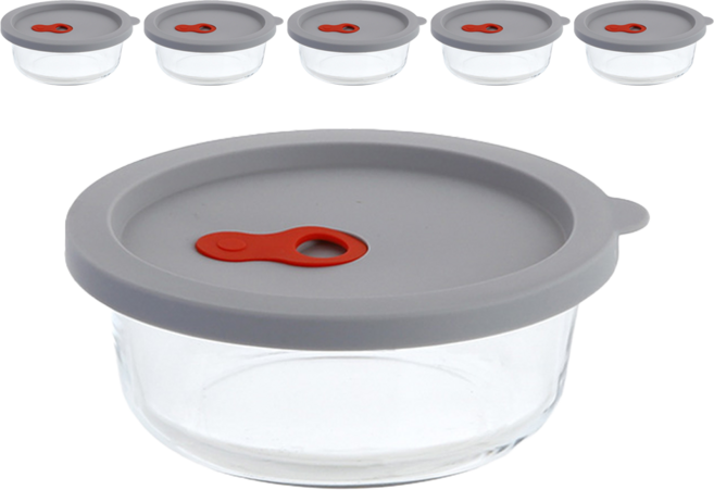 플라라 원형 실리콘 오븐글라스 + 뚜껑 세트 640ml, 6세트, 유리용기 + 실리콘 뚜껑