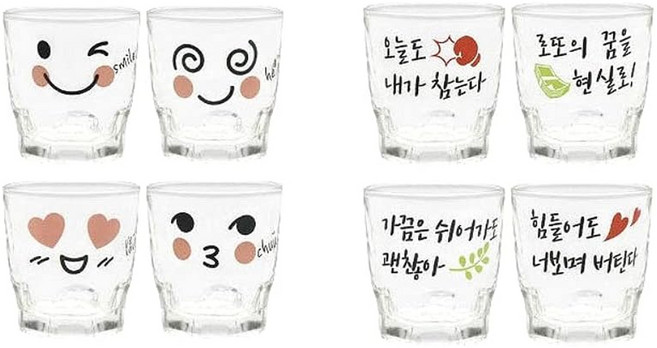 ARTWARE 表情燒酒杯+韓文燒酒杯 玻璃材質 透明色, 表情圖案 + 韓文圖案 透明色, 1組