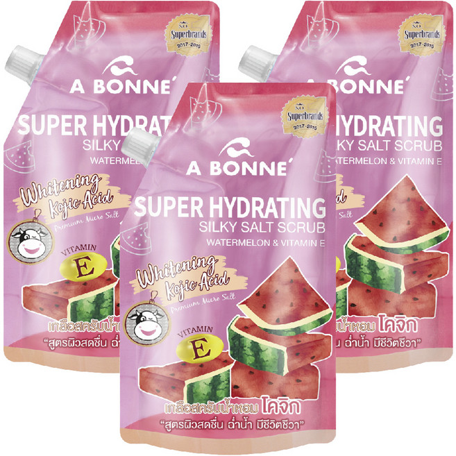 A BONNE' 身體去角質沐浴鹽 超級保濕 絲滑磨砂 含西瓜和維他命E, 350g, 3包