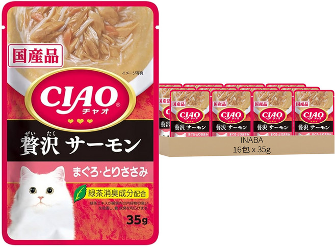 INABA CIAO 啾嚕 巧餐包, 35g, 16包, 奢華鮭魚 + 鮪魚 + 雞肉