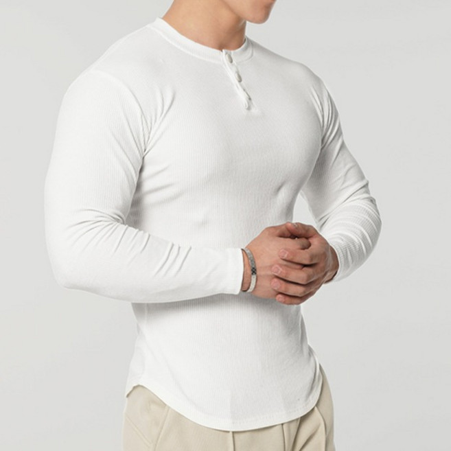 맨즈건 남성용 헬시스 머슬핏 골지 단추 긴팔 티셔츠 00091