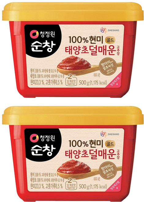 청정원순창 100% 현미 골드 태양초 덜매운 고추장, 500g, 2개