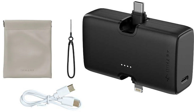 iNMARK 創麥科技 小方塊行動電源 2合1快充版 5000mAh USB-C + Lightning 附掛繩 + 收納袋 + 充電線, 夜幕黑, GCB01