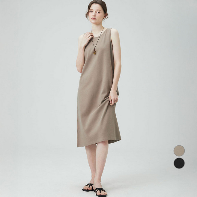 ELLE PARIS 여성용 고밀도 코튼 라운드넥 민소매 롱 원피스