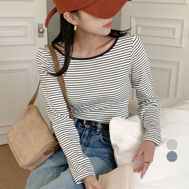 아피나르 여성용 슬림핏 몸매보정 스트라이프 립 긴팔 티셔츠