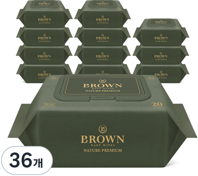브라운 네이처 프리미엄 도톰한 아기 물티슈 엠보싱 저자극 캡형, 75g, 20매, 36개