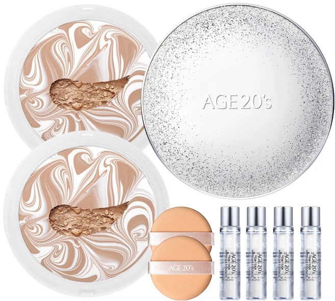 에이지투웨니스 에센스 커버 팩트 스파클케이스 + 리필 12.5g x 2p + 앰플 10ml x 4p, 21호화이트베이지, 1개 - 쿠팡