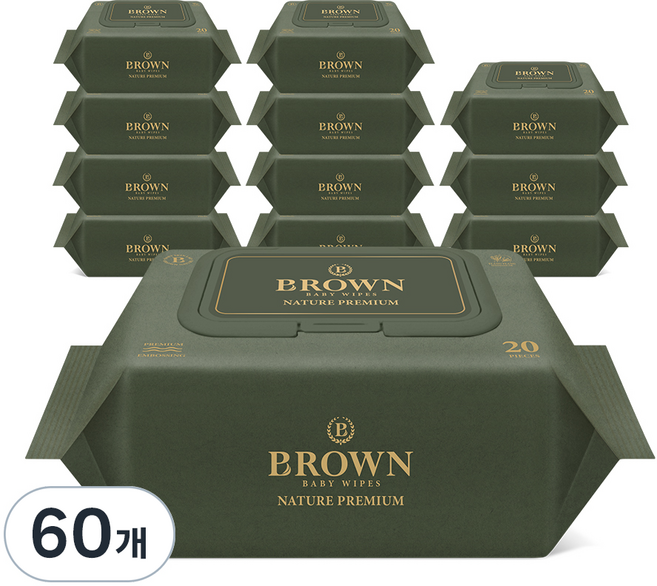 브라운 네이처 프리미엄 도톰한 아기 물티슈 엠보싱 저자극 캡형, 75g, 20매, 60개