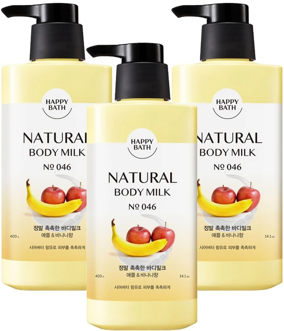 해피바스 정말 촉촉한 바디밀크 애플 앤 바나나향, 400g, 3개 - 쿠팡