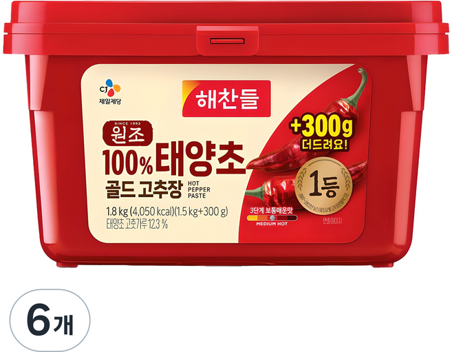 해찬들 원조 태양초 골드 고추장, 1.8kg, 6개