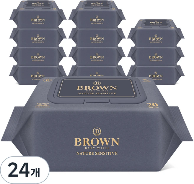 브라운 네이처 센시티브 도톰한 아기 물티슈 엠보싱 저자극 휴대캡형, 73g, 20매, 24개 - 쿠팡