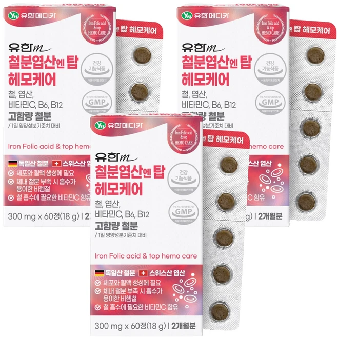 유한메디카 철분 엽산 엔 탑 헤모케어 18g, 60정, 3개 - 쿠팡