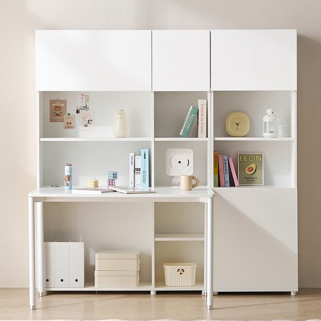 필웰 횸 전면책장 5단 + 책상 + 책장 5단 세트 방문설치, 화이트