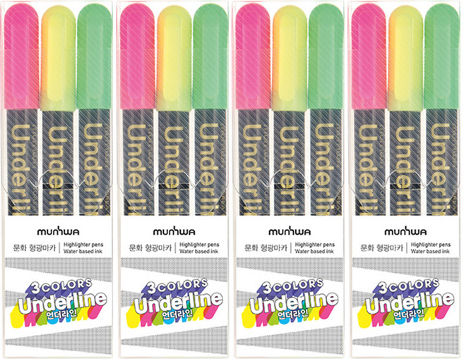 문화연필 언더라인 형광펜 3색 세트, 분홍 + 노랑 +연두, 4팩