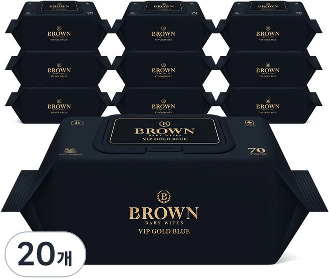 브라운 VIP 골드 블루 도톰한 엠보싱 저자극 아기 물티슈 캡형, 80g, 70매, 20개 - 쿠팡