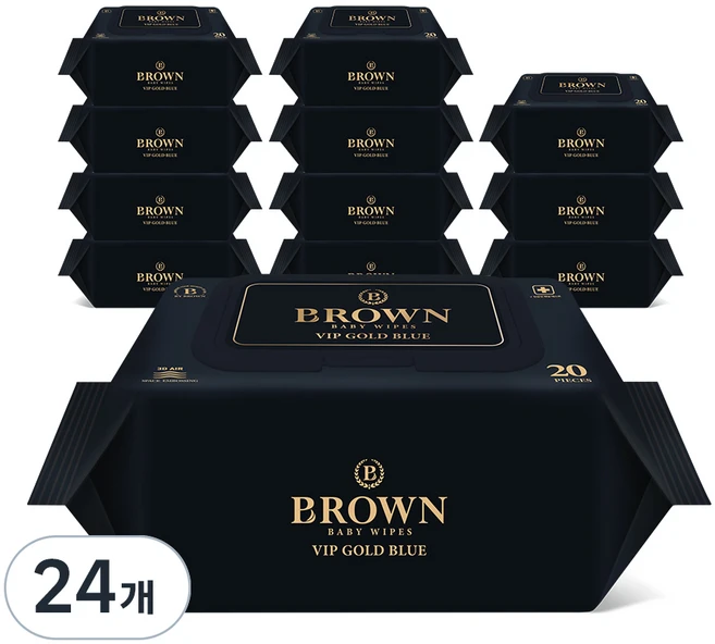 브라운 VIP 골드 블루 도톰한 엠보싱 저자극 아기 물티슈 휴대캡형, 80g, 20매, 24개 - 쿠팡