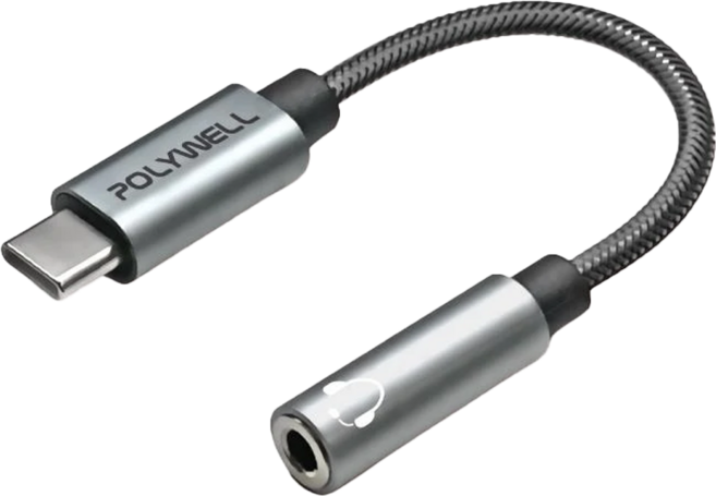 POLYWELL 寶利威爾 Type-C轉3.5mm HiFi音源轉接線, 15cm, 灰色 + 黑色, 1條