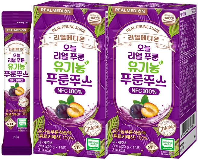리얼메디온 오늘 리얼 유기농 푸룬주스 NFC 100% 14p, 2개, 280g - 쿠팡
