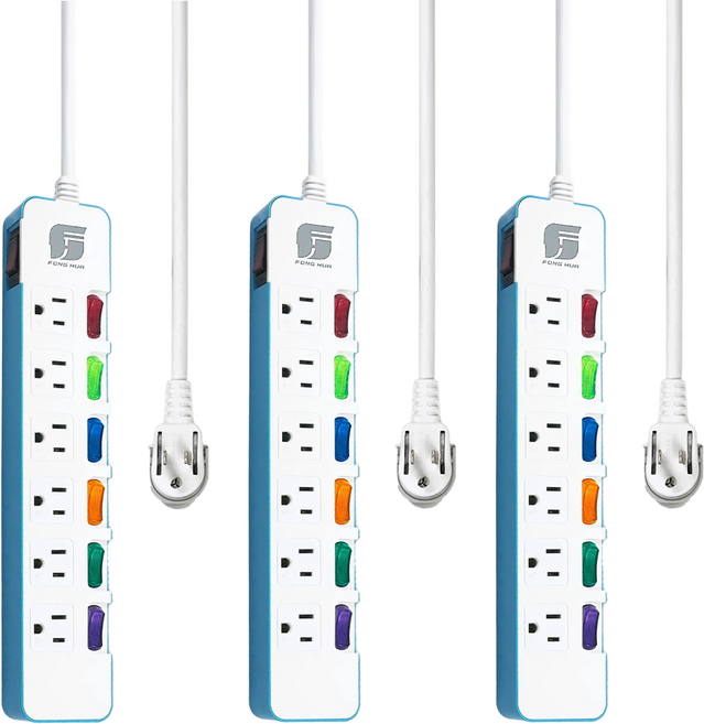 FONG HUA 崶華 翹翹板開關七開六插15A三芯電腦延長線 4尺, 1.2m, 白色, 3條