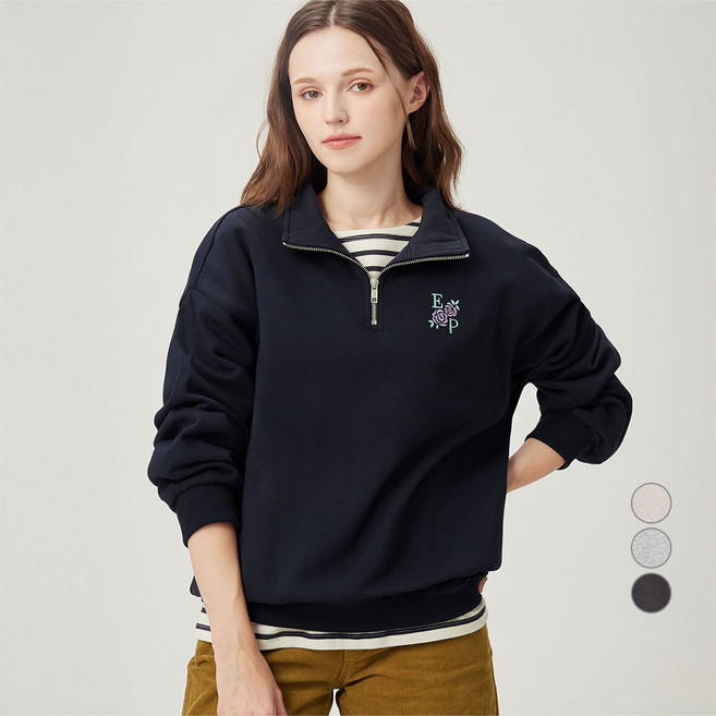 ELLEPARIS 여성용 아이코닉 스몰 모티프 자수 기모 하프 집업 스웻셔츠