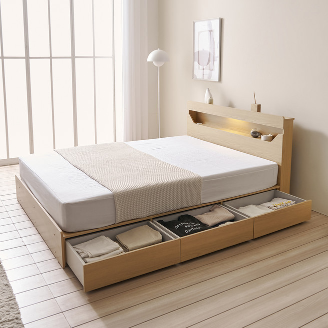 보니애가구 문스테이 LED 조명 수납 침대 프레임 + 올시즌 매트리스 세트 방문설치, 네츄럴