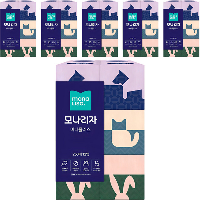 모나리자 미니플러스 천연펄프 각티슈 2겹, 250매, 72개