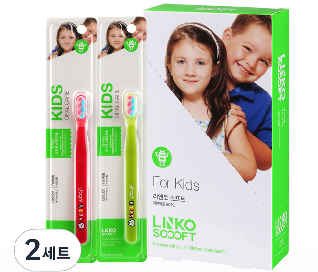 리앤코 아동용 소프트 칫솔 2종 x 3p 세트, 핑크, 그린, 2세트, 6개