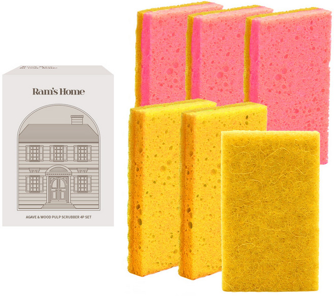 람스홈 셀룰로오스 아가베 무흠집 수세미 6개입 옐로우 핑크, 1세트
