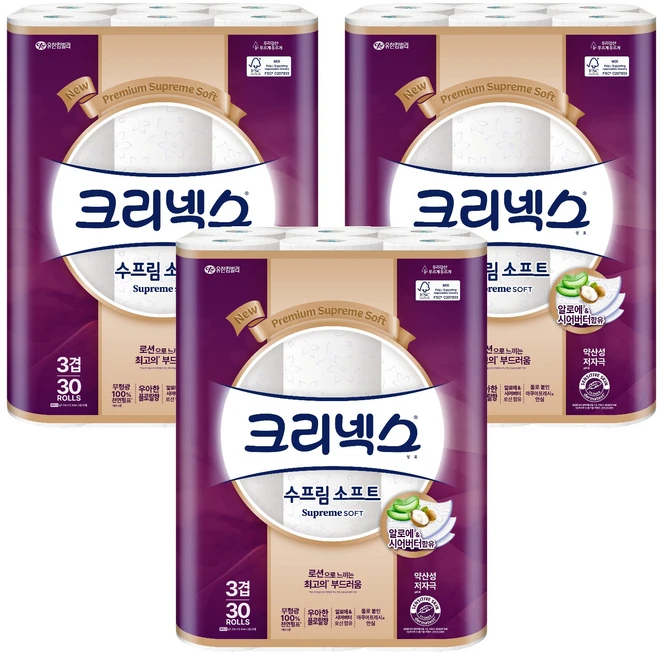 크리넥스 수프림 소프트 천연펄프 3겹 화장지, 30m, 30롤, 3개 - 쿠팡
