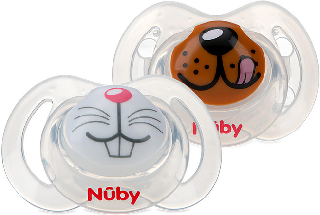 Nuby 動物朋友系列 安撫奶嘴組, 0~6個月, 兔子款+小狗款 半透明色, 1組