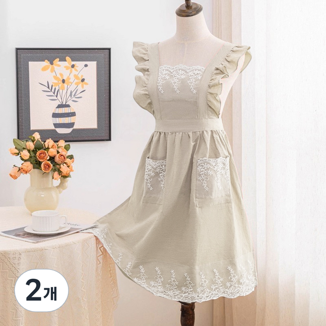 바른리빙 라플레르 프릴 앞치마 주방 카페 바리스타 앞치마, 아이보리, 2개