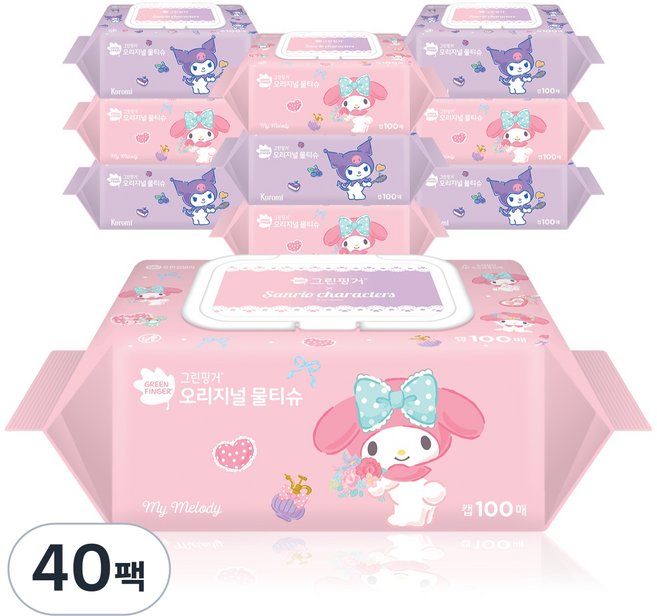 그린핑거 산리오 캐릭터즈 오리지널 물티슈 캡형, 260g, 100매, 40개