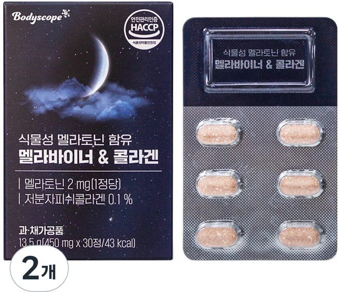 바디스콥 식물성 멜라토닌 멜라바이너 콜라겐, 30정, 2개 - 쿠팡