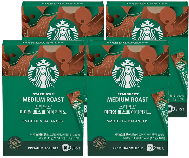 스타벅스 미디엄 로스트 아메리카노 스틱 원두커피믹스, 1.1g, 10개입, 4개