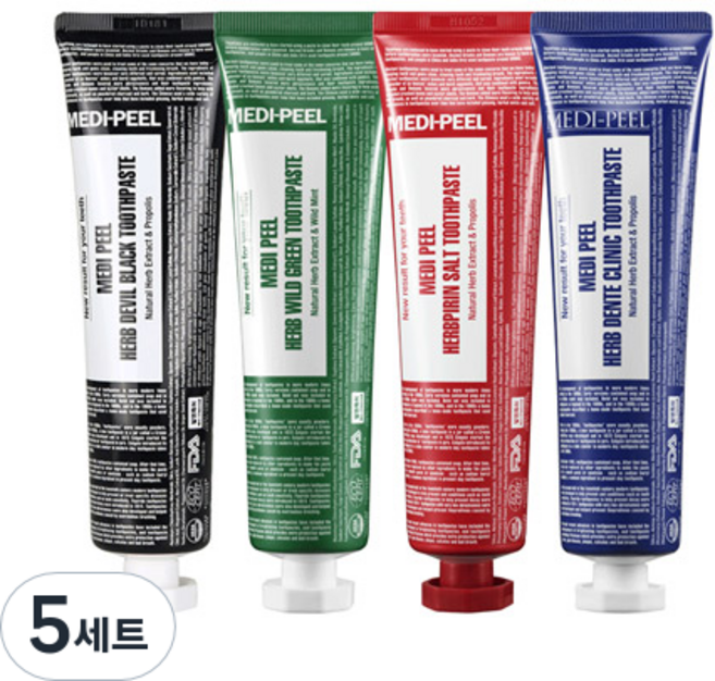 메디필 허브 치약 데빌 블랙 + 와일드 그린 + 피린 솔트 + 덴티 클리닉 세트, 5세트