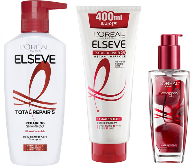 로레알파리 엑스트라오디네리 오일 체리 우드 100ml + 로레알파리 엘세브 토탈 리페어 5 인스턴트 미라클 손상 케어 헤어팩 400ml + 로레알파리 엘세브 토탈 리페어 5 샴푸 400ml, 1개
