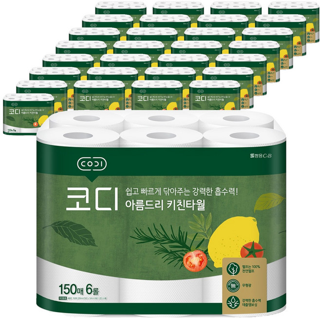 코디 아름드리 천연펄프 키친타올, 150매, 30개