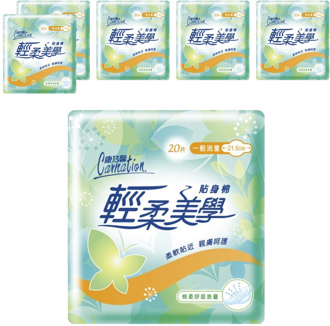 康乃馨 輕柔美學貼身衛生棉, 一般流量 21.5cm, 20片, 6包