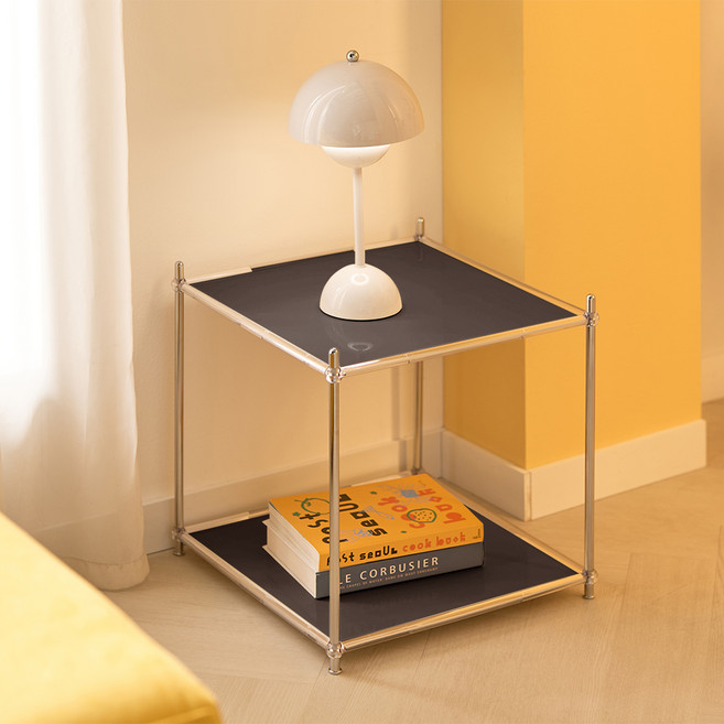 MUREV 正方形鐵製模組中世紀現代風邊桌層架, 黑色, 2層