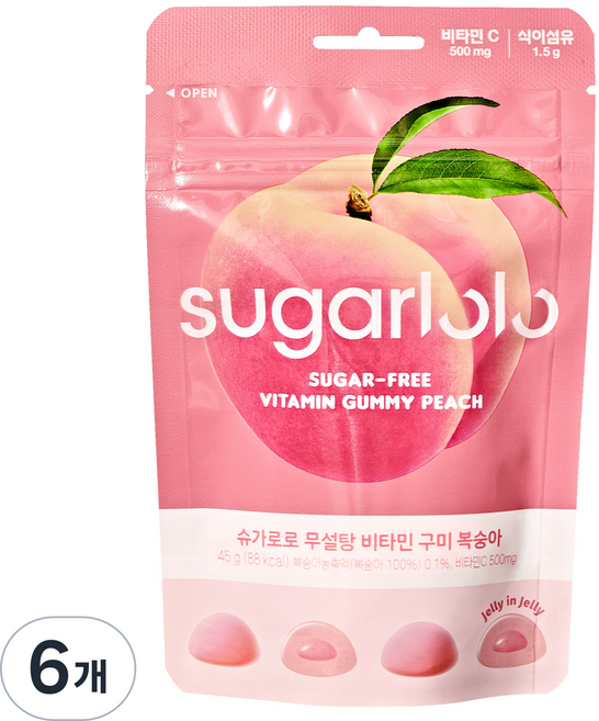 슈가로로 무설탕 비타민 구미 젤리 복숭아, 45g, 6개