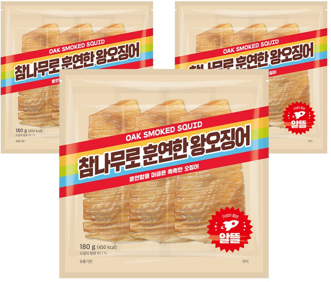 정화식품 참나무로 훈연한 왕오징어, 180g, 3개