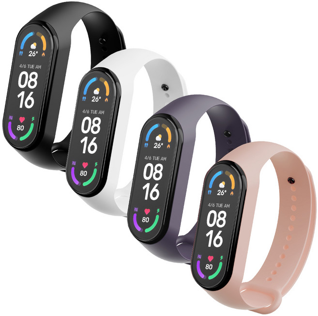 구스페리 샤오미 미밴드 실리콘 스트랩 밴드 4매입, 블랙, 화이트, 라벤더그레이, 핑크샌드, 1개