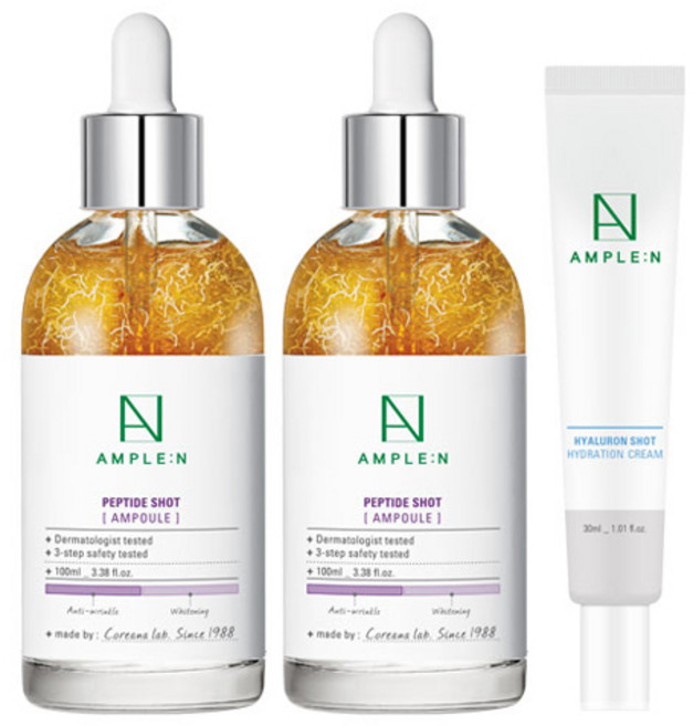 코리아나 앰플엔 펩타이드샷 앰플 대용량 100ml 2개 + 히알루론샷 수분 크림 30ml, 1세트