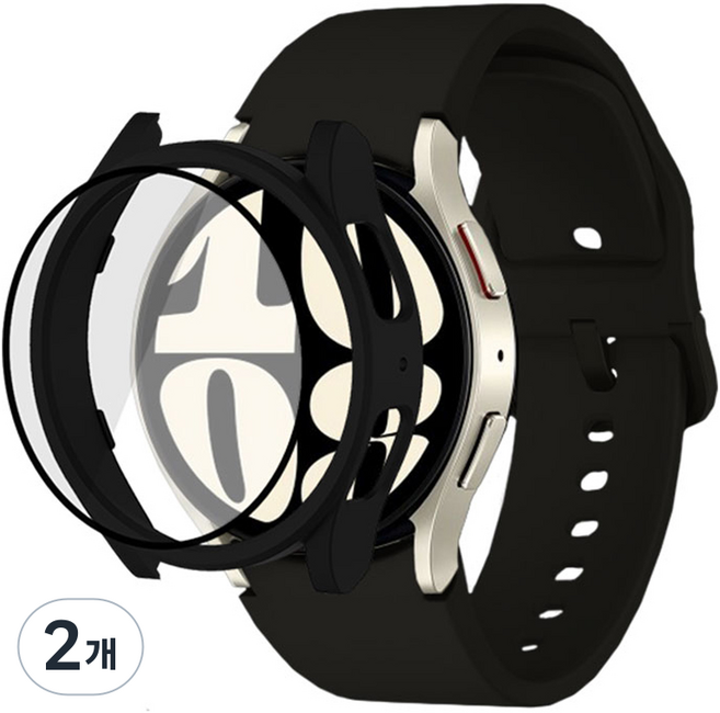 루아러블 갤럭시워치 액정보호 강화유리 필름 풀커버 케이스 + 실리콘 스트랩 세트, 블랙, 2개