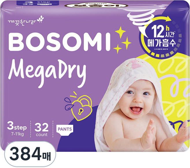 보솜이 메가드라이 팬티형 기저귀 남여공용, 중형(M), 384매