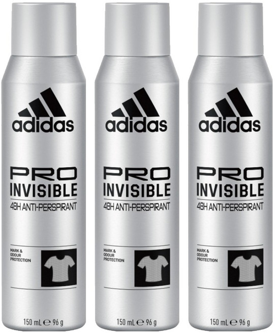 adidas 愛迪達 男用制汗爽身噴霧 無痕乾爽, 3瓶, 150ml