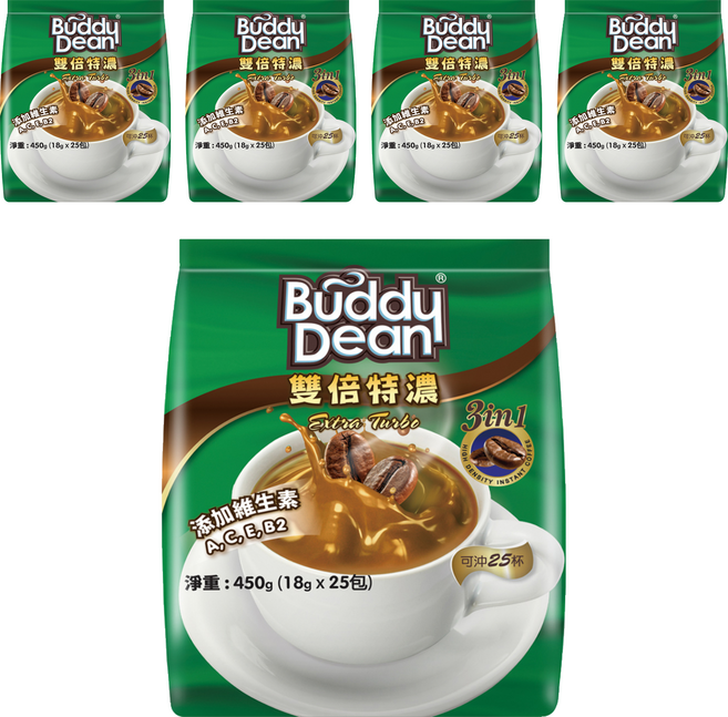 Buddy Dean 巴迪 三合一咖啡 雙倍特濃, 18g, 25包, 5袋